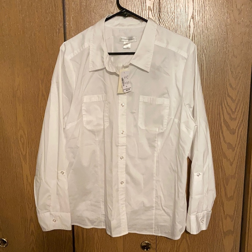 White button-up blouse.